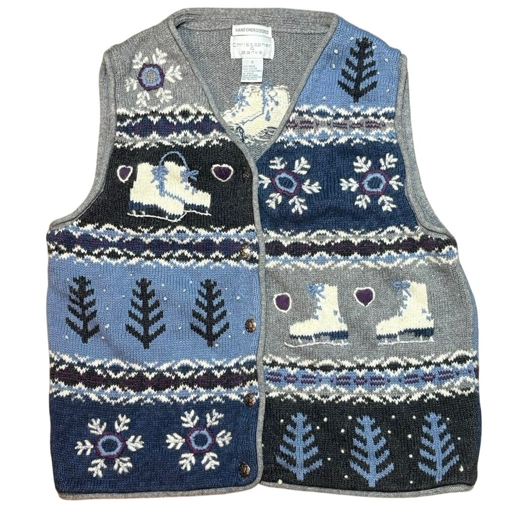 VTG 90s Sweater Vest Christopher & Banks Embroidered Ice Skate Grannycore Sz S
